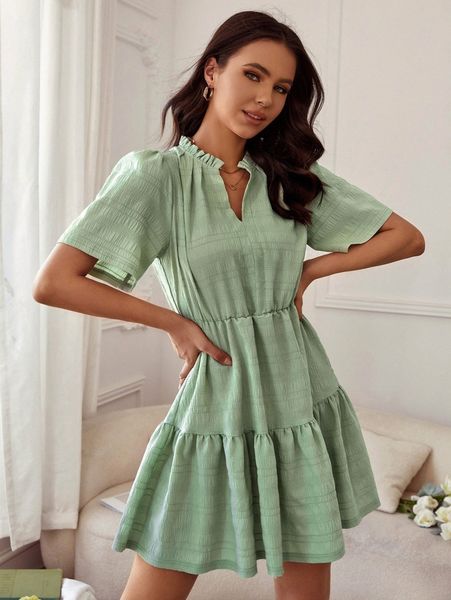 frilled neck ruffle hem textured dress k3qn#, Black;gray 
frilled neck ruffle hem textured dress k3qn#, Black;gray