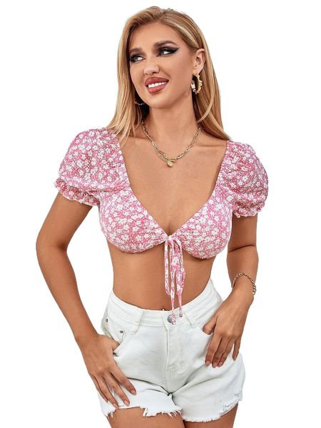 floral print knot front lantern sleeve crop r6gu#, White