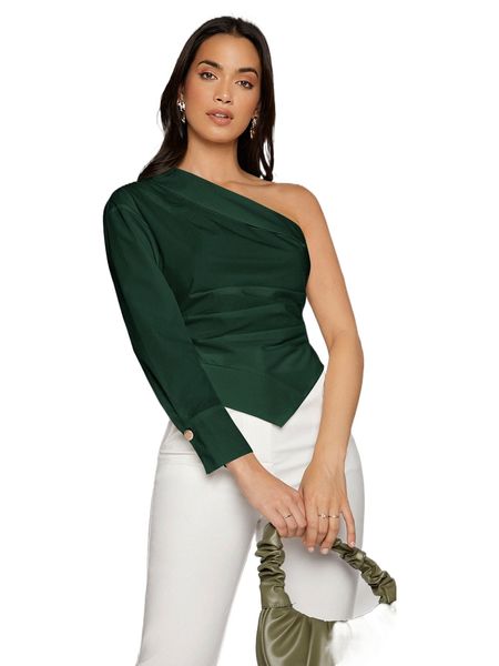 solid one shoulder hanky hem blouse p6jt#, White 
solid one shoulder hanky hem blouse p6jt#, White