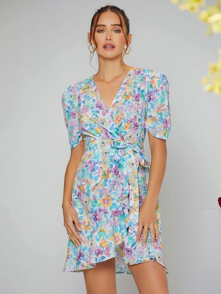 allover floral print puff sleeve ruffle wrap hem belted dress h9ty#, Black;gray
allover floral print puff sleeve ruffle wrap hem belted dress h9ty#, Black;gray