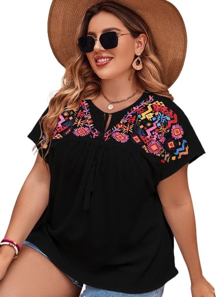 plus geo embroidery tie neck tassel detail blouse 30yx#, Black
plus geo embroidery tie neck tassel detail blouse 30yx#, Black