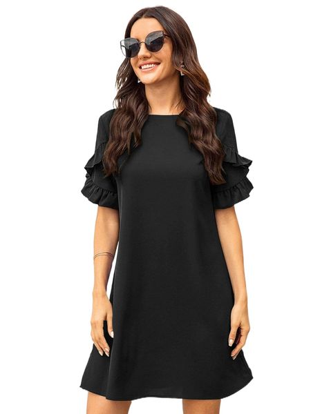 solid ruffle trimed tunic dress f6vi#, Black;gray
solid ruffle trimed tunic dress f6vi#, Black;gray