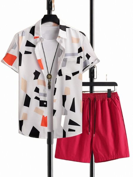 men geo print patched pocket shirt & drawstring waist shorts without tee q99x#, Gray
men geo print patched pocket shirt & drawstring waist shorts without tee q99x#, Gray