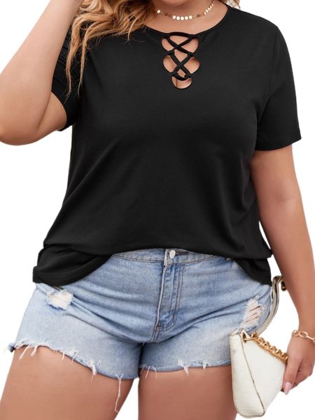 plus solid crisscross tee 94yq#, Black