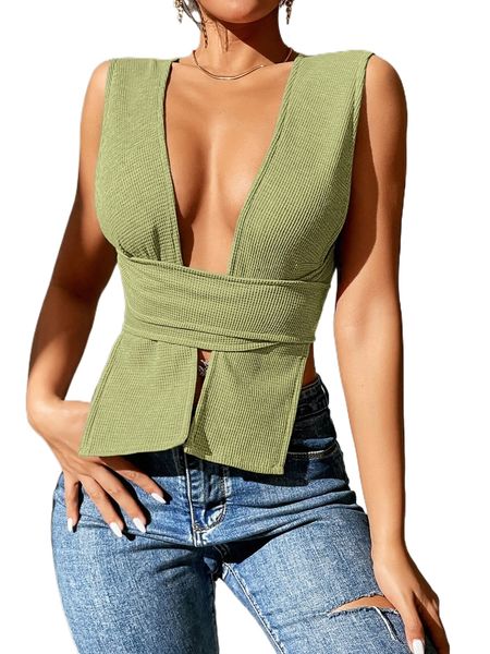 petite plunging neck tie back textured crop tank w4ul#, White