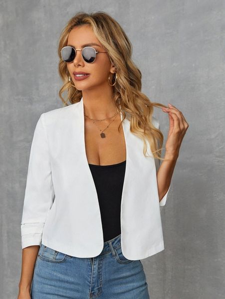 layer detail sleeve open front crop blazer n036#, White
