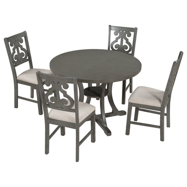 the dining room 5-piece round table and chair set with special-shaped legs and an exquisitely designed hollow antique blue/ dark brown
the dining room 5-piece round table and chair set with special-shaped legs and an exquisitely designed hollow antique blue/ dark brown
