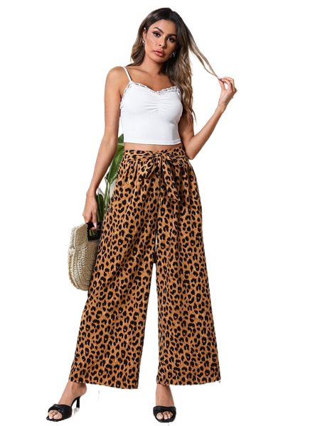 leopard knot waist wide leg pants m8go#, Black;white 
leopard knot waist wide leg pants m8go#, Black;white