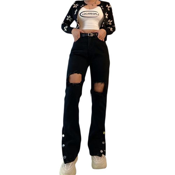 women's jeans xingqing black women cowboy hole street wear casual hip hop high waist loose flared fashion pants with button, Blue
women's jeans xingqing black women cowboy hole street wear casual hip hop high waist loose flared fashion pants with button, Blue