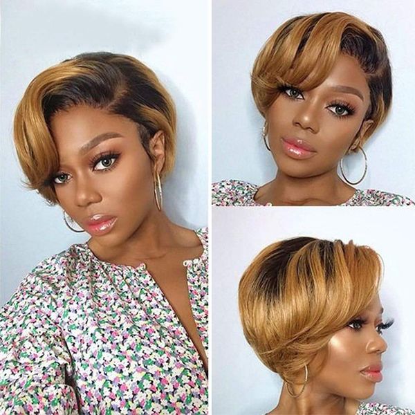 

Short Pixie Cut Human Hair Wig Ombre Blonde Color Straight Bob Wigs with Bangs for Black Women Full Machine Made