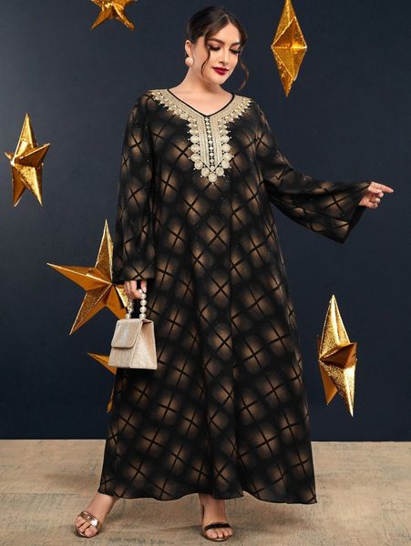 plus plaid print embroidery maxi dress x55u#, Black
