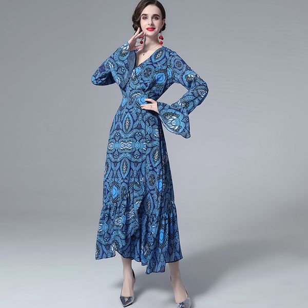 women's runway dress v neck long flare sleeves printed ruffles a line fashion holiday dresses, Black
women's runway dress v neck long flare sleeves printed ruffles a line fashion holiday dresses, Black