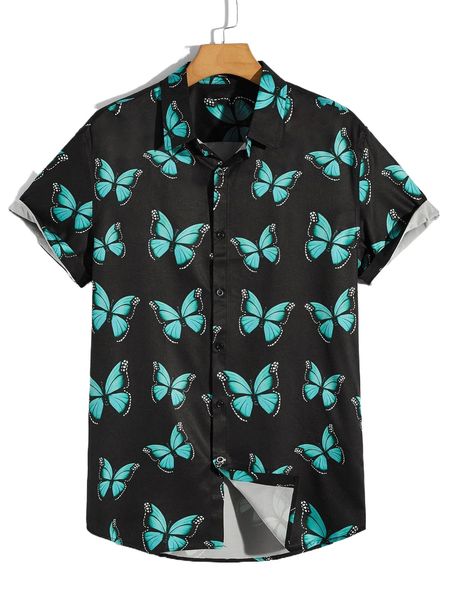 romwe guys allover butterfly print shirt s92p#, White;black 
romwe guys allover butterfly print shirt s92p#, White;black