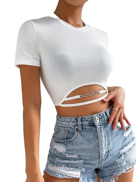 chain detail cut out crop tee 43dr#, White
chain detail cut out crop tee 43dr#, White