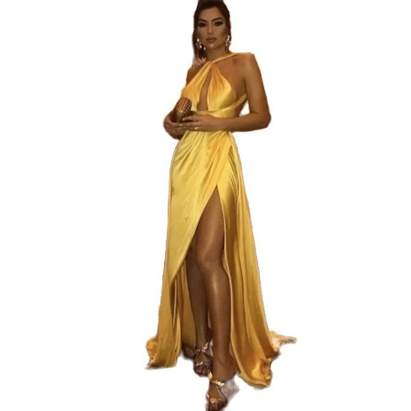 open back long prom dresses yellow halter sleeveless simple evening gowns high slit formal party, Black
open back long prom dresses yellow halter sleeveless simple evening gowns high slit formal party, Black
