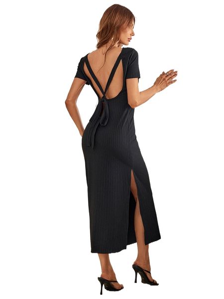 tie backless split side dress y2od#, Black;gray 
tie backless split side dress y2od#, Black;gray