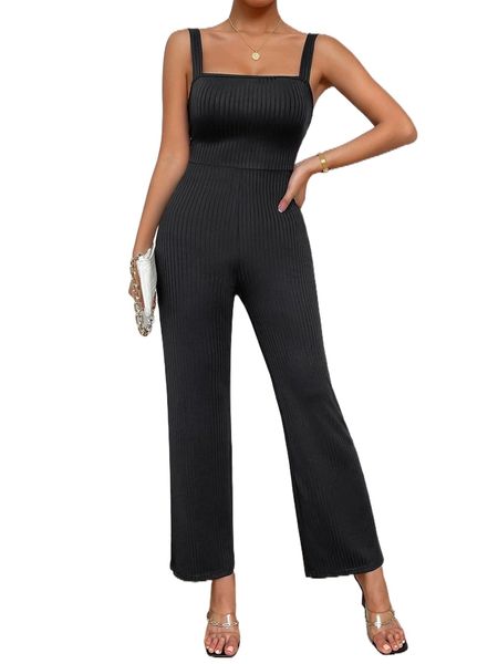 solid wide straps jumpsuit y8kf#, Black;white