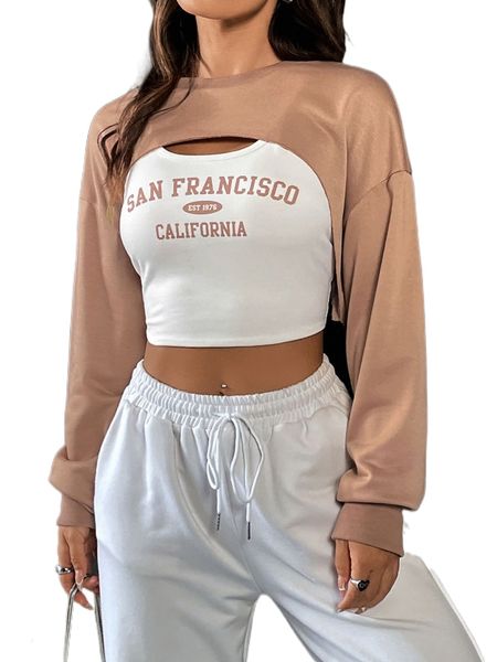 solid super crop pullover & letter graphic tank l863#, White