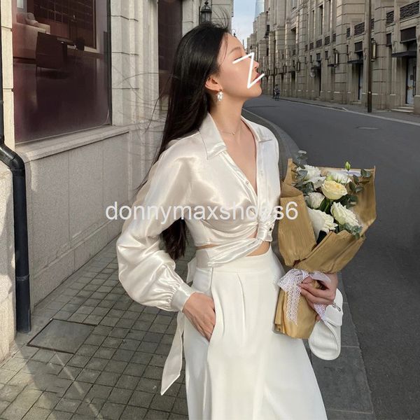 two piece dress light mature style suit satin pleated open waist shirt high straight tube pants two-piece set, White
two piece dress light mature style suit satin pleated open waist shirt high straight tube pants two-piece set, White