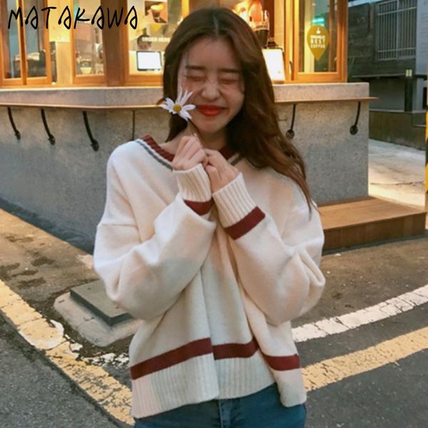 sweet vneck ladies pullover women autumn loose contrast color college style simple knitted sweater 210506, White;black
sweet vneck ladies pullover women autumn loose contrast color college style simple knitted sweater 210506, White;black