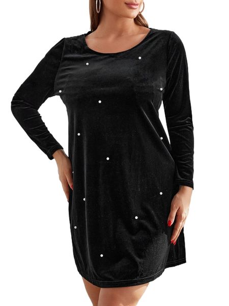plus pearls beaded velvet dress m5js#, Black