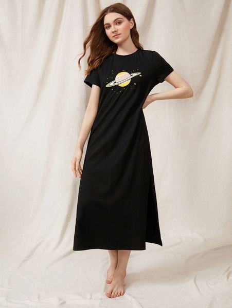 zodiac print split hem sleep dress n56n#, Black;red 
zodiac print split hem sleep dress n56n#, Black;red