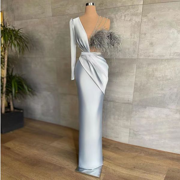 sliver vintage prom dresses satin beading feathers one sleeve pleated long mermaid gowns celebrity evening dress robes de soirée, Black
sliver vintage prom dresses satin beading feathers one sleeve pleated long mermaid gowns celebrity evening dress robes de soirée, Black