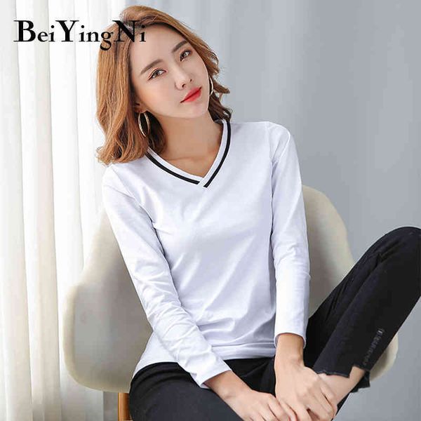 spring full sleeve female t shirts cotton vneck large size casual basic women tshirt stripe white black tshirts 210427
spring full sleeve female t shirts cotton vneck large size casual basic women tshirt stripe white black tshirts 210427