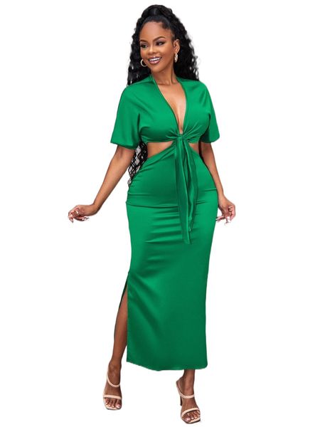 sxy plunging neck tie front satin & slit skirt 681m#, White