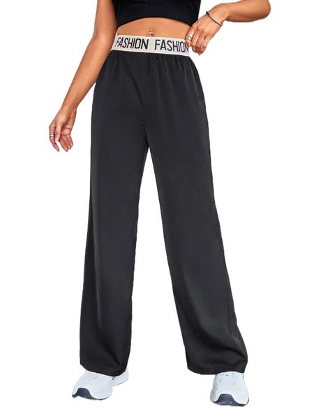 contrast letter tape straight leg pants b1nl#, Black;white