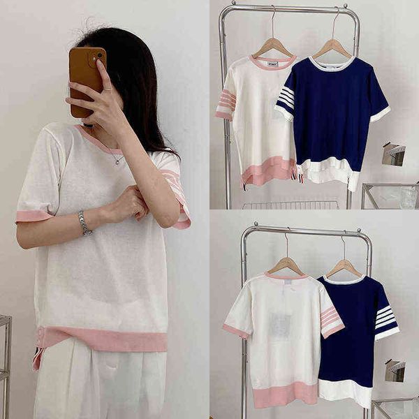 22 summer new tb t shirt leisure college style four bar short sleeve knitted ice silk contrast color versatile loose t-shirt ins net red har, White
22 summer new tb t shirt leisure college style four bar short sleeve knitted ice silk contrast color versatile loose t-shirt ins net red har, White