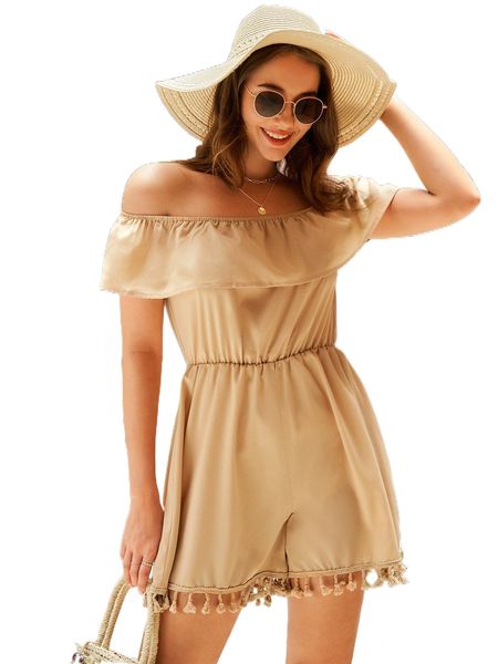 off shoulder ruffle trim tassel hem romper j7gn#, Black;white 
off shoulder ruffle trim tassel hem romper j7gn#, Black;white