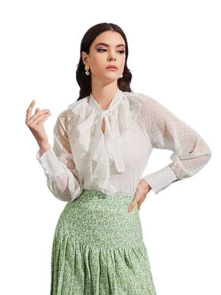 swiss dot tie neck ruffle trim blouse h6od#, White
swiss dot tie neck ruffle trim blouse h6od#, White