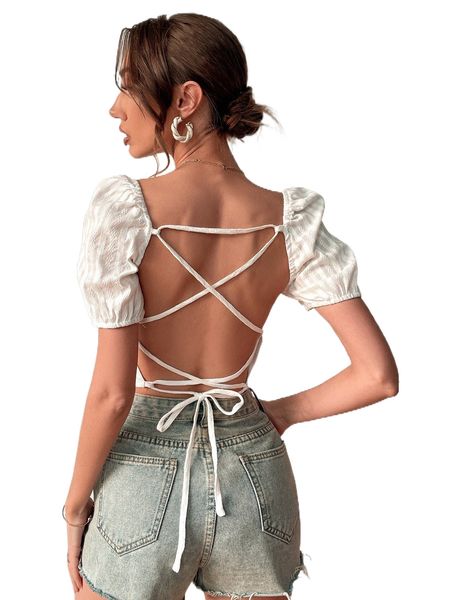sweetheart neck tie back crop blouse z3yk#, White
sweetheart neck tie back crop blouse z3yk#, White