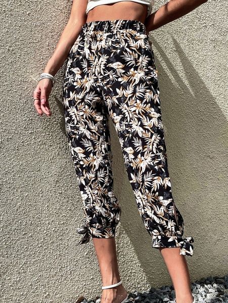 tropical print knot hem pants g2ea#, Black;white