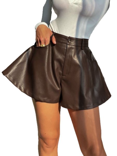 slant pockets pu wide leg shorts x72a#, White;black