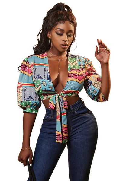 sxy fan & dot print plunging neck knot front puff sleeve crop blouse 07ys#, White
sxy fan & dot print plunging neck knot front puff sleeve crop blouse 07ys#, White