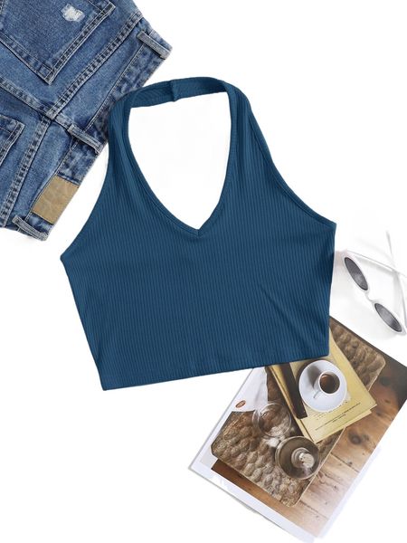 rib-knit crop halter w010#, White