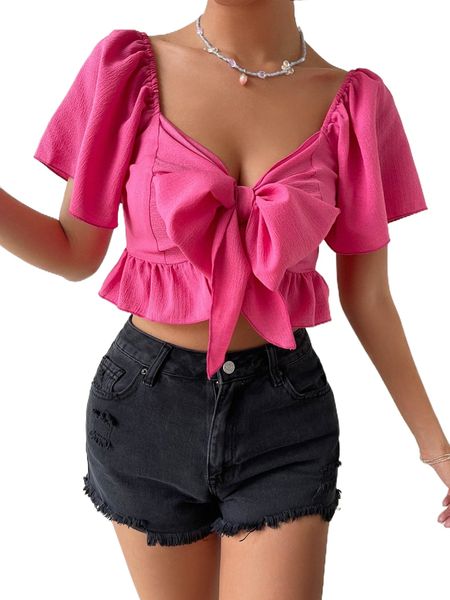 butterfly sleeve bow front peplum crop blouse 15ki#, White