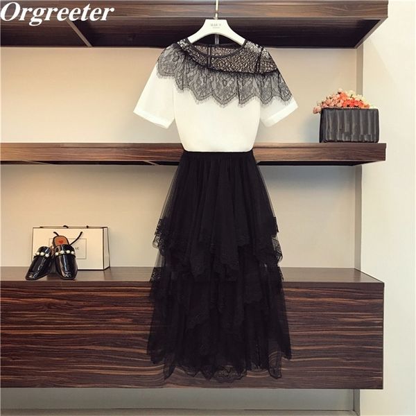 summer new casual lace patchwork tshirt suit lace stitching chiffon and irregular mesh skirt twopiece sets women t200608, White
summer new casual lace patchwork tshirt suit lace stitching chiffon and irregular mesh skirt twopiece sets women t200608, White