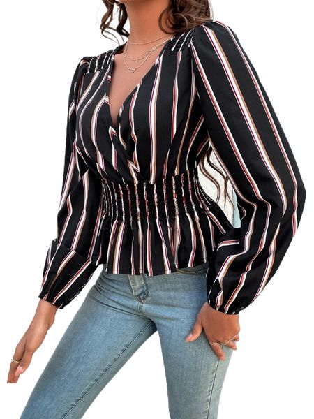 striped print shirred peplum blouse c62z#, White
striped print shirred peplum blouse c62z#, White