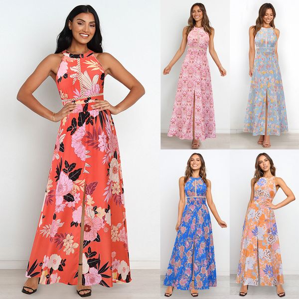 work dresses summer new 2022 european and american plus size womens clothes halter cut-out split floral slim fit slimming, White;black
work dresses summer new 2022 european and american plus size womens clothes halter cut-out split floral slim fit slimming, White;black