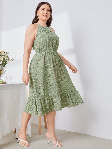 plus allover floral print halter neck ruffle hem dress z5rd#, Black 
plus allover floral print halter neck ruffle hem dress z5rd#, Black