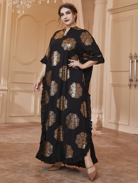 plus random mandala print ruffle trim dolman sleeve tent dress 88ve#, Black
plus random mandala print ruffle trim dolman sleeve tent dress 88ve#, Black