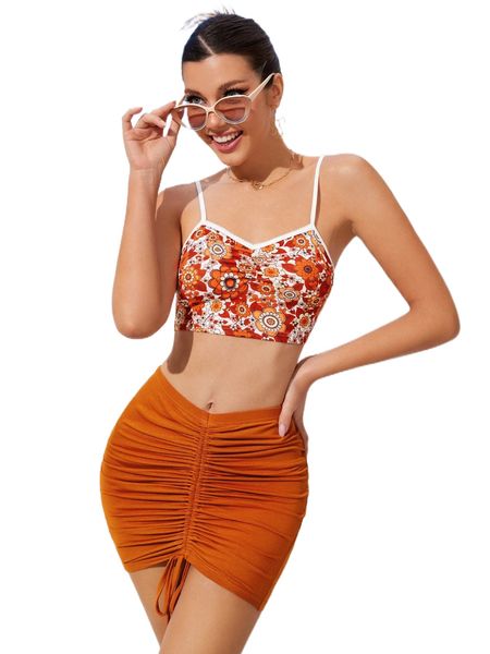 floral print ruched contrast binding cami & drawstring bodycon skirt s6dv#, White