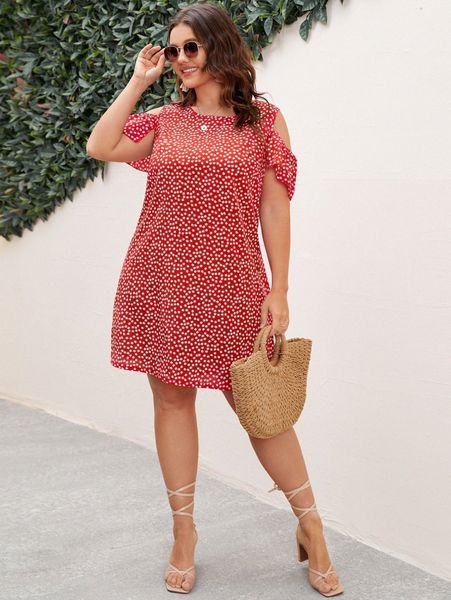 plus ditsy floral print cold shoulder dress f5w6#, Black