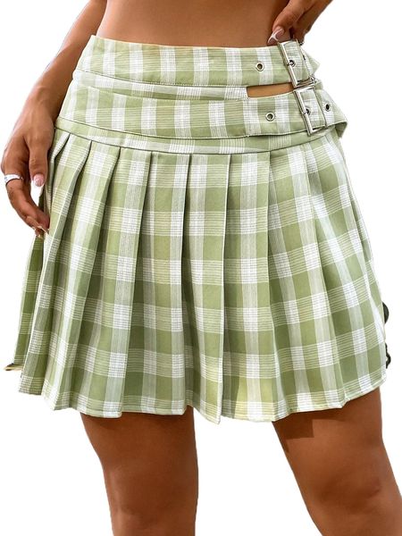 plaid print buckle side cut out pleated skirt b8is#, Black