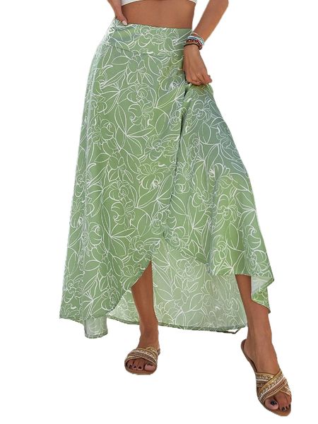 floral print high waist wrap skirt z3ax#, Black