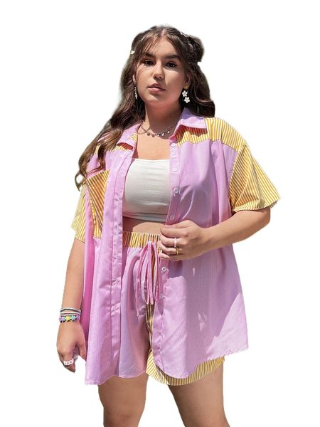 plus striped colorblock patched pocket drop shoulder blouse & tie front shorts m6ls#, Black
plus striped colorblock patched pocket drop shoulder blouse & tie front shorts m6ls#, Black