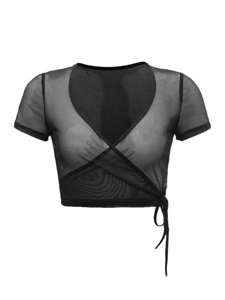 wrap knot side mesh crop 23nc#, White